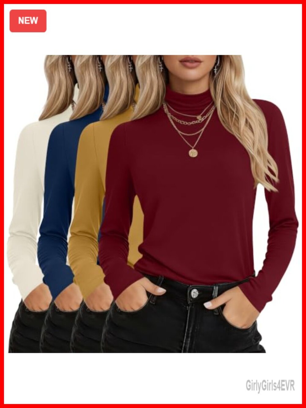 Womens Cotton Turtleneck Tops Long Sleeve T-Shirt 4 Pack